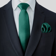 Load image into Gallery viewer, Forest Green Satin Tie and Pocket Square Set