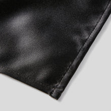 Load image into Gallery viewer, Folkespeare Black Satin Pocket Square finishing
