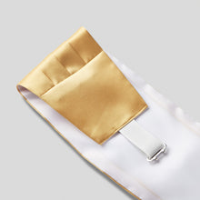 Load image into Gallery viewer, Folkespeare Gold Satin Cummerbund and Bow Tie Set Fabric and Fastening
